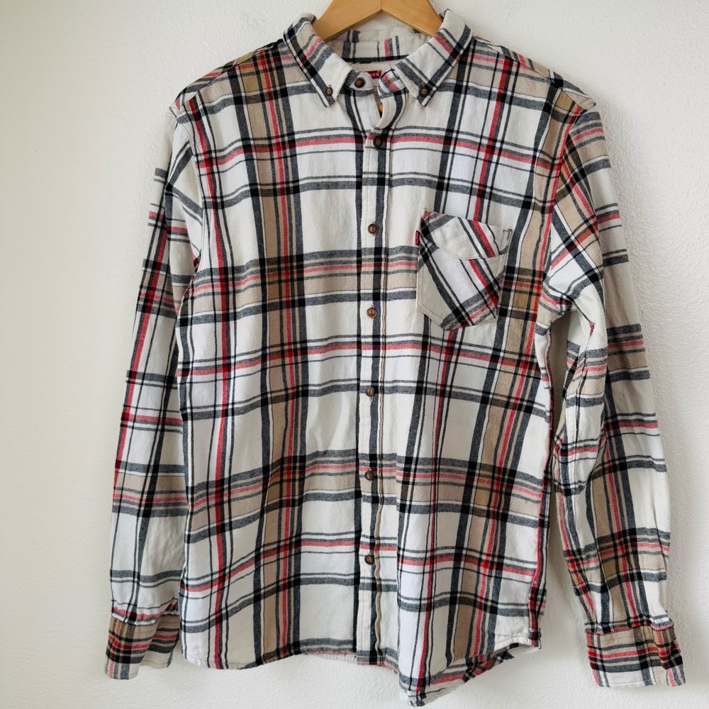Levi’s Men’s Kenna Plaid Flannel Shirt - White/Red/Black - Size Medium EUC